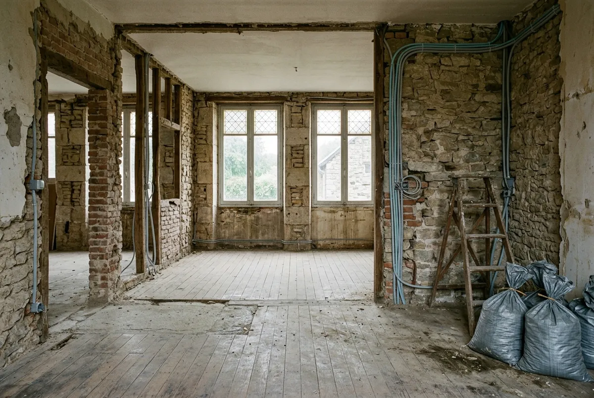 Intérieur de maison ancienne vidé, murs en pierre mis à nu et gaines électriques neuves en attente
